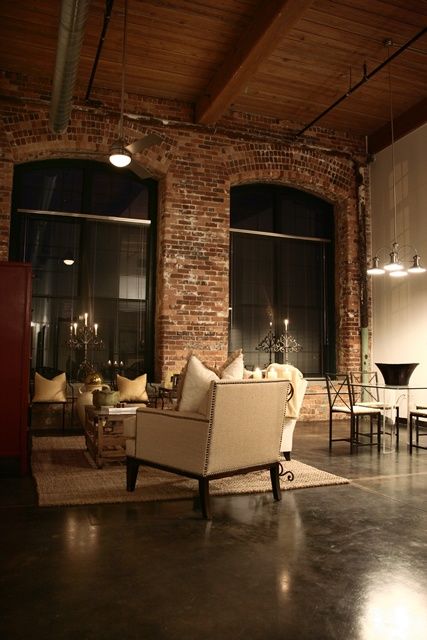 brick wall, windows.... Oh I can see myself living in a downtown loft or warehouse with concrete floors and exposed. brick a must. Brick Ceiling, Warm Industrial, Teenage Room Decor, Warehouse Living, Entertaining House, Loft Interior, Small Apartment Design, Huge Windows, Exposed Brick Walls