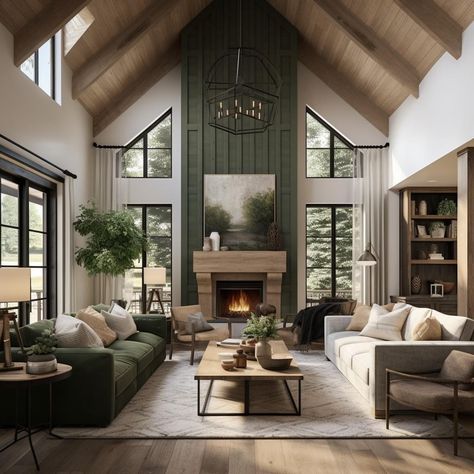 A Frame Living Room Fireplace, Modern Cabin Great Room, Amber Massey House, White Room Black Ceiling, Fireplace Surrounded By Windows, Fireplace Two Story Living Room, Living Room Designs White Walls, High Contrast Interior Design, Luxury Cozy Living Room