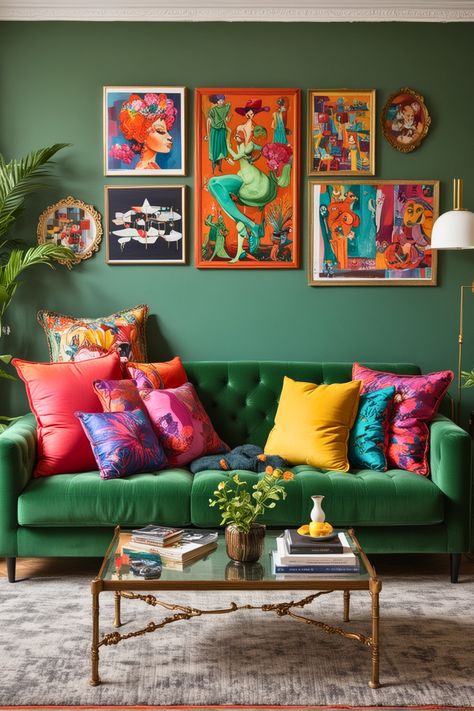 You’ll Love These 30 Green Couch Living Room Ideas – #5 Will Blow Your Mind – The Crafty Hacks Green Couch Living Room Ideas, Dopamine Decorating, Colourful Rooms, Bright Sofa, Green Couch Living Room, Couch Living Room Ideas, Living Room Decor Brown Couch, Colourful Decor, Bold Living Room