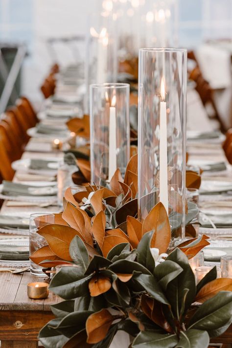 Magnolia Leaves Wedding, Magnolia Leaves Centerpiece, Leaf Table Decor, Magnolia Centerpiece, Wedding Neutral, Branch Centerpieces, Magnolia Leaf, Green Centerpieces, Magnolia Wedding