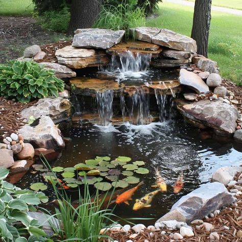 28 Stunning Koi Pond Waterfall Designs - Pond Informer Large Garden Ponds With Waterfalls, Backyard Waterfall Pond Ideas, Koi Garden Design, Rock Pond Waterfall, Small Pond With Waterfall Ideas, Small Outdoor Pond With Waterfall, Garden Pond With Waterfalls, Backyard Pond Landscaping Ideas, Small Koi Pond With Waterfall