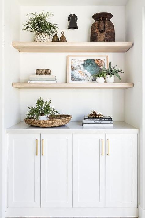 Pure Salt Interiors, Oak Floating Shelves, Built In Shelves Living Room, Shelf Decor Living Room, Living Room Built Ins, Styling Shelves, Pure Salt, Oak Shelves, Transitional Living