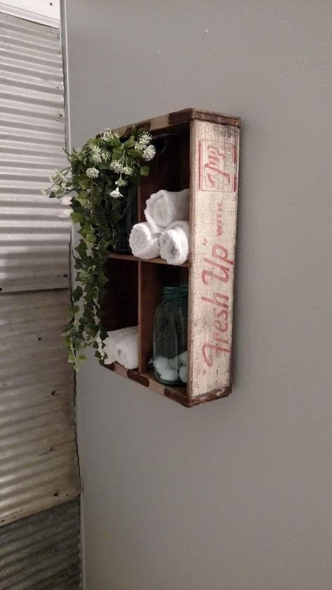 Ideas For Bathroom Shelves, Wooden Crate Ideas, Bathroom Shelving, Country Ideas, Crate Ideas, Ideas For Bathroom, Wood Crates, My Bathroom, Antique Decor