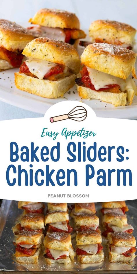 Easy Chicken Parm Sliders Sandwiches For A Party, Easy Chicken Sliders, Chicken Parm Sliders, Easy Chicken Parm, Hearty Appetizer, Parm Sliders, Guy Food, Baked Chicken Parm, Finger Sandwich