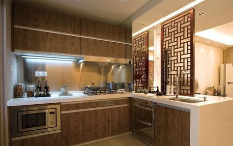 Chinese Kitchen Design, Asian Kitchen Design, L Shaped Kitchen Cabinets, Traditional Japanese Kitchen, Wallpapers Living Room, Neutral Kitchen Colors, Traditional Chinese House, Chinese Interior Design, Japanese Style Kitchen