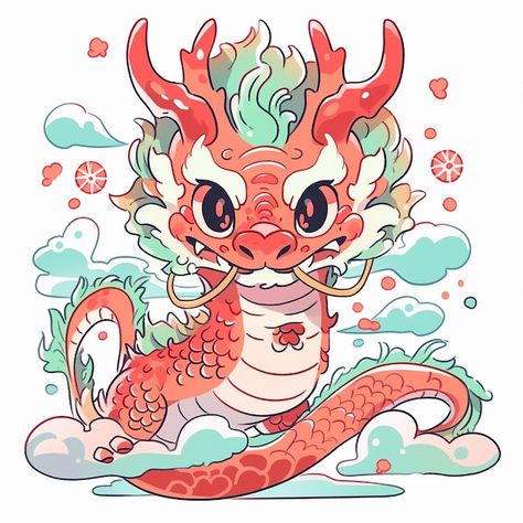 Cute cartoon red dragon Illustration on white background with clouds Dragon Cute Drawing, Dragon Illustration Art, Cute Dragon Art, Sticker Moodboard, Dragon Line Drawing, Cute Chinese Dragon, Dragons Illustration, Chinese Dragon Illustration, Candy Dragon