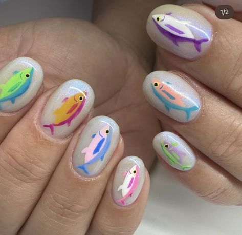 Nails Different Designs Each Finger, Fish Inspired Nails, Fish Nail Design, Nails Painted Ideas, Fish Nails Designs, Funny Nails Ideas, Ocean Theme Nails, Tropical Nails Design, Beach Theme Nails