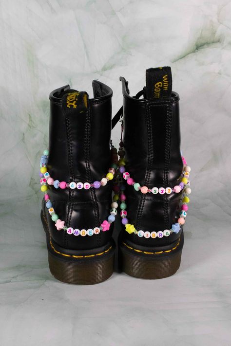 ✨ Custom beaded boot charm bracelets for your Dr. Martens or any kind of lace-up boot! ✨ In the personalization box, please specify four different words or numbers & the placement of each. We will create a unique pair of rainbow charm bracelets that are customized to you! (We recommend choosing words or numbers 10 characters or less, so each strand is similar in length.)  ✨Your bracelets will come in a randomized rainbow beaded pattern, as well as the color of the letters/numbers. Don't worry th Boots With Beads On Laces, Custom Dr Martens Diy, Decorating Doc Martens, Diy Dr Martens, Customized Doc Martens, Doc Martens Decorated, Dr Martens Laces Ideas, Dr Martens Charms, Decorated Doc Martens