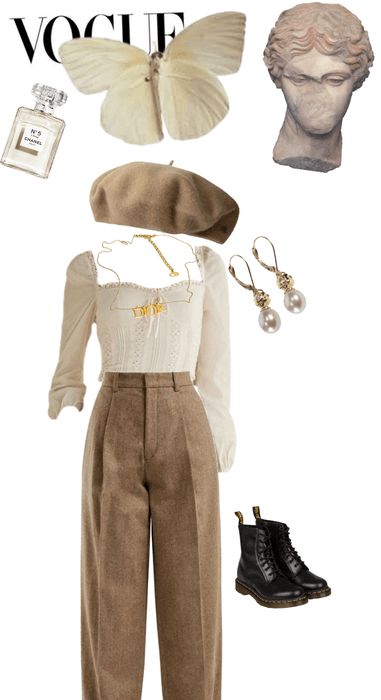 Light Brown And White Outfit, Romantic Edgy Outfits, Royalcore Outfit Casual, Royal Core Outfits Casual, Cottagecore Modern Outfit, Winter Romantic Outfits, Casual Royalcore Outfits, Cottagecore Academia Outfits, Modern Vintage Style Outfits