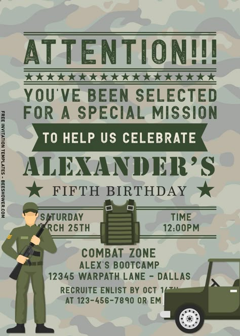 Download 8+ Atten-Hut! Army Themed Kids Birthday Party Invitation Templates | Beeshower Army Theme Birthday Party Invitations, Army Birthday Party Themes, Army Birthday Party Invitations, Army Party Invitations, Army Birthday Theme, Army Invitation Template, Boys Army Birthday Party, Army Men Party, Soldier Theme Birthday Party