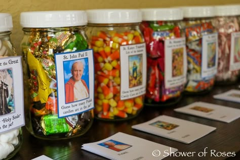 Catholic Cuisine: 12 More Saint Themed Guessing Jars Guessing Jar Ideas, Guessing Jar, Payday Candy Bar, Catholic Schools Week, Dum Dums, Liturgical Year, Catholic Crafts, Saints Days, All Souls Day