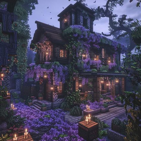 Minecraft Dark Cottage, Purpled Minecraft, Minecraft Purple House, Purple Minecraft House, Dark Minecraft House, Minecraft Island, Fantasy Cities, Mc Builds, Purple House