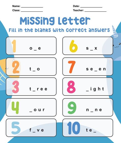 Missing letter worksheet. Complete the letters for number in English. Kids educational game. Printable worksheet for preschool. Writing practice. Vector file. Number In English, Alphabet Writing Worksheets, Worksheet For Preschool, Missing Letters, English Exercises, English Worksheet, Work Sheet, Alphabet Worksheets Preschool, Chinese Language Learning