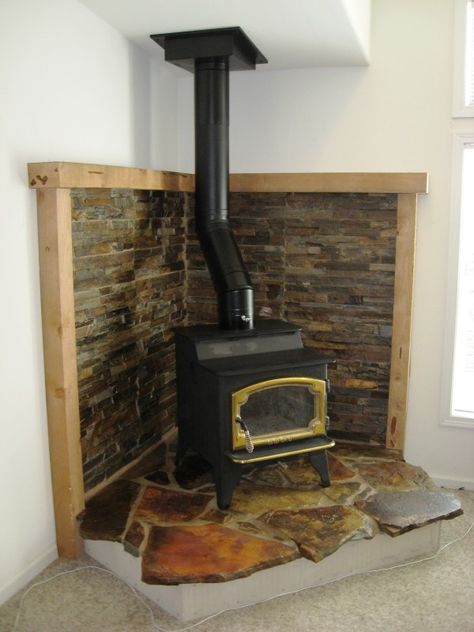 Unfinished Fireplace Surrounds - Foter Wood Burning Stove Corner, Corner Wood Stove, Wood Stove Surround, Stove Hearth, Woodburning Stove Fireplace, Corner Stove, Stove Decor, Wood Stove Hearth, Wood Stove Wall