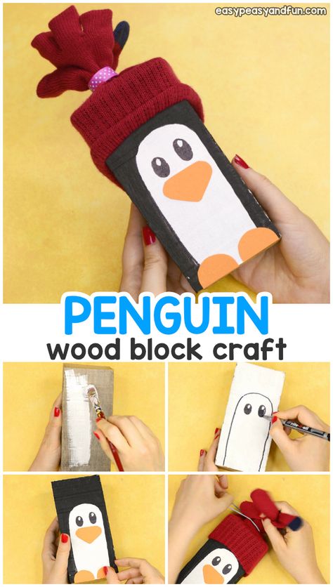 Wood Block Penguin Craft - Easy Peasy and Fun 2x4 Crafts, Diy Schneemann, Snowman Crafts Diy, Penguin Crafts, Penguin Craft, Wood Block Crafts, Wooden Christmas Crafts, Craft Easy, Craft Wood