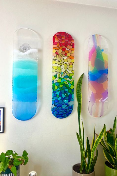 Best selling skateboard decks on wall Wall Skateboard Art, Resin Skateboard, Skateboard Deck Art Space, Skateboard Deck Wall Art, Deck Art Skateboard, Skateboard Wall Art, Cool Color Palette, Skate Decks, Acrylic Artwork