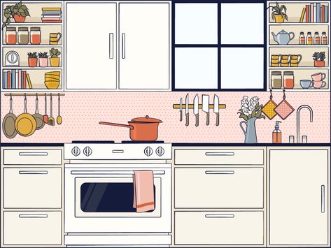 Paper Doll House Kitchen, Paper Doll Kitchen, Home Graphic, Paper Kitchen, Kitchen Illustration Drawings, Kitchen Graphic Design, Kitchen Illustration, Kitchen Illustration Art, Part Time Business Ideas