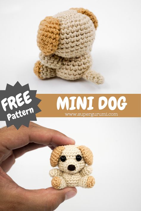 Free Mini Dog Crochet Pattern by Supergurumi. If you also always wanted to have a cute little dog at home, crochet your new best friend now. Get the free pattern on the Website. #amigurumi #crochet #crochetpattern #dog #crochetdog Free Dog Patterns Crochet, Tiny Dog Crochet Pattern, Free Crochet Dog Hat Patterns For Kids, Crochet Goldendoodle Pattern Free, Maltese Crochet Pattern Free, Small Dog Crochet Patterns Free, Mini Balloon Dog Crochet Pattern Free, Amigurumi Dog Free Pattern Puppies, Mini Puppy Crochet Pattern Free