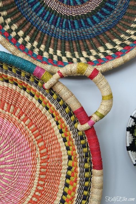 Basket On Wall, Basket Gallery Wall, Woven Bench, Colorful Baskets, African Basket, Wall Baskets, Gray Walls, Coiled Baskets, Basket Wall Decor