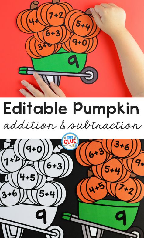 Pumpkin Addition, Subtraction Activity, Pumpkin Math, Halloween Math Activities, Pumpkin Craft, Subtraction Activities, Fall Math, Math Crafts, First Grade Activities