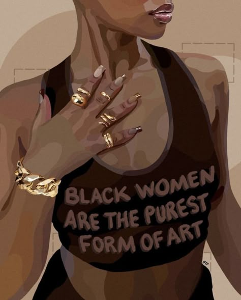 Brown Black women art illustration with gold jewelry on Digital Black Art, Black Art Painting Canvas, Black Woman Art Aesthetic, Black Art Aesthetic, Black Power Art, Melanin Art, Black Art Painting, Afrocentric Art, Women Are Beautiful