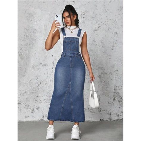 Denim Pinafore Dress Outfit, Denim Overall Dress Outfit, Denim Shirt Dress Outfit, Pinafore Dress Outfit, God Energy, Long Denim Dress, Elevation Church, Denim Pinafore Dress, Vestidos Casual