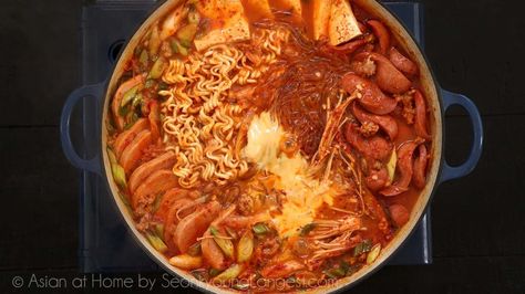 Budae Jjigae, Songtan Style Recipe &Video - Seonkyoung Longest Army Base Stew Recipe, Army Base Stew, Asian At Home, Spicy Miso Ramen Recipe, Doenjang Recipe, Riblets Recipe, Budae Jjigae, Korean Army, Korean Recipe