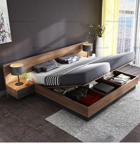 Rustic Bedframe, Wooden Bed With Storage, Modern Bedroom Furniture Sets, Loft Style Homes, Bed Designs With Storage, Tatami Bed, Double Bedding Sets, Luxury Bedroom Furniture, Minimalist Bed