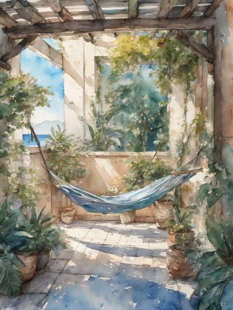 Cute vintage patio with a hammock,light blue color scheme, AI art, Watercolor painting, landscape art Watercolor Hammock, Hammock Painting, Light Blue Color Scheme, Watercolor Painting Landscape, Interior Sketches, Vintage Patio, Canvas Aesthetic, Watercolor Art Landscape, Painting References