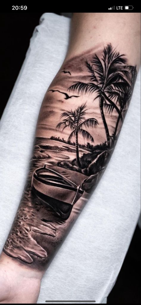 Beach Tattoo Half Sleeve, Beach Tattoo Sketch, Realistic Beach Tattoo, Tropical Tattoo Design, Beach Chest Tattoo, Sunset Tattoo Men, Beach Tattoos Men, Island Tattoo Men, Beach Tattoos For Women Sleeve