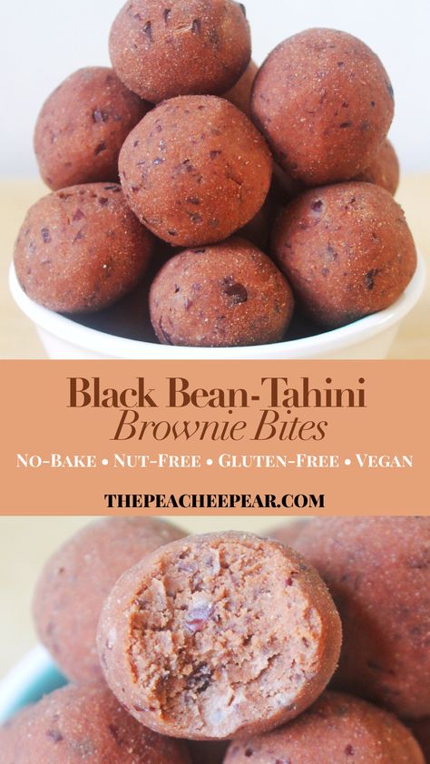 These Black Bean-Tahini Brownie Bites are a healthy and quick snack. They are nutrient-dense and loaded with protein. The best part is how easy they are to make and will curb that sweet tooth. They are also nut-free, gluten-free, dairy-free, no refined-sugars, and vegan friendly.  via @ThePeacheePear Black Bean Protein Balls, Black Bean Cookies, Dessert Pops, Chocolate Tahini, Brownie Bites Recipe, Seed Cycling, Mini Dark, Protein Bites, Protein Balls