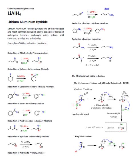 This is an example page from the Organic Chemistry Reagent Guide showing the reactions of LiAlH4. It is a 60 pages summary of the most commonly used reagents in a typical undergraduate organic chemistry course. Organic Chemistry Formula Sheet, Organic Chemistry Cheat Sheet, Chemistry Reactions Organic, Reagents In Organic Chemistry, Iupac Naming Organic Chemistry Rules, Reagents Organic Chemistry, Organic Chemistry Reagents, Chemistry Class 12, Organic Chemistry Nomenclature