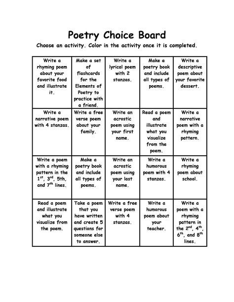 Adventures of Teaching: Choice Board Packet!  This is one of many in the packet. Reading Poetry, Poetry Activities, Poetry Unit, Choice Board, Visual Schedules, Teaching Poetry, Poetry For Kids, 4th Grade Writing, Poetry Ideas