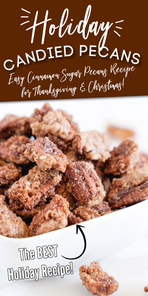 How to make Cinnamon Sugar Candied Pecans! Easy Holiday Nut Recipe for Friends and Neighbors! The perfect food gift idea for co-workers too! #lemonpeony #foodgifts #candiedpecans #holidaypecans Cinnamon Sugar Candied Pecans, Easy Candied Nuts Recipe, Christmas Candied Pecans, Cinnamon Pecans Crockpot, Cinnamon Sugar Roasted Pecans, Candies Nuts Recipe, Sweet Pecans Brown Sugar, Sugar Coated Pecans Recipe, Spice Nuts Recipe Holidays