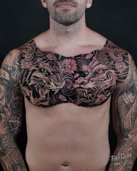 Tiger Dragon Chest Tattoo, Full Chest Tattoos Japanese, Japanese Dragon Tattoos Chest, Japanese Tiger Dragon Tattoo, Japanese Chest Tattoo Design For Men, Japanese Style Chest Tattoo, Japanese Shogun Tattoo, Asian Chest Tattoo Men, Tiger Tattoo Chest For Men