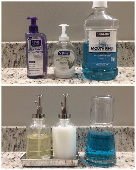 Mouthwash Organization, Cute Mouthwash Containers, Bathroom Counter Organization Clutter Master Bath, Cute Bathroom Counter Decor, Mouthwash Carafe, Mouth Wash Dispenser Ideas, Liquor Decanter Display, Mouthwash Storage, Mouthwash Dispenser Ideas