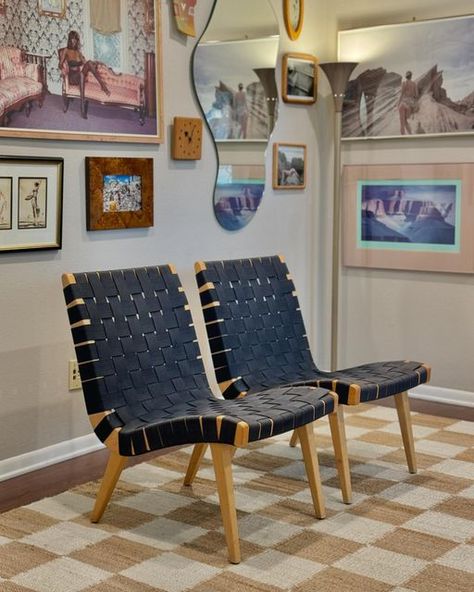 Tamara Lichtenstein on Instagram: "A pair or Jens Risom’s Model 654 lounge chairs, designed in the 1940s for Knoll. I am guessing these are from the early 2000s. A classic mid century modern style, still in production. This set has navy blue strapping on maple frames. There is some sun fading to the seats as seen in photos, other than that they are in very good condition and structurally sound. Tags are still attached on the bottom of the chair. More information from the website: 

“Jens Risom’s designs were the first pieces conceived for and manufactured by Knoll. Due to wartime material restrictions, the side chair was originally constructed of simple maple frames and discarded parachute webbing. Described as good, honest furniture design, the collection helped establish Knoll as an earl Tamara Lichtenstein, Armless Lounge Chair, Classic Mid Century Modern, Knoll Furniture, Lounge Chair Ottoman, Jens Risom, Chair Ottoman, High Design, The Early 2000s