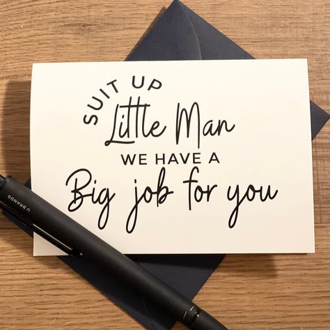 "Proposing to your Ring Bearer, Junior Best Man, Junior Groomsman, Bridal party with custom, personalized cards adds that extra special touch to your upcoming Wedding day! Bridesmaid Proposal Cards are perfect to add to Proposal gift boxes, putting a stamp on and shipping them or even to give out during a get together with your closest friends and family! With my \"Will you be my\" cards, you can use ANY title or wording at all! These are completely customizable. You can even personalize with th Nephew Ring Bearer Proposal, How To Ask Your Ring Bearer, Pageboy Proposal Ideas, Ring Bearer Proposal Box Cute Ideas, Will You Be In My Wedding Party, Ring Bearer Box Proposal, Bridesmaid Proposal Question, Flower Dude Proposal, Jr Groomsmen Proposal Kids