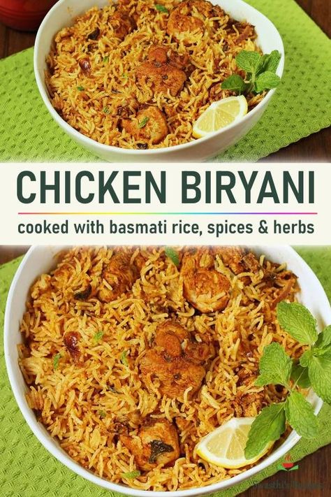 Chicken biryani recipe made with yogurt, spices, herbs and basmati rice. This recipe turns out to be super delicious, aromatic easiest to make. Try this for a weekend dinner with an Indian raita. #rice #biryani #indian #chicken #chicken biryani Briyani Receipes Rice, Chicken Biryani Recipe Hyderabadi, Indian Raita, Easy Chicken Biryani Recipe, Rice Biryani, Indian Biryani, Rice Spices, Biryani Recipes, Irish Bread