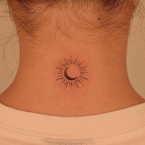 Moon Inside Sun Tattoo, Minimal Tattoo Aesthetic, Moon Sun Stars Tattoo, Sonne Mond Tattoo, Sun And Moon Tattoo Meaning, Shoulder Tattoo Women, Community Tattoo, Ornament Tattoo, Meaningful Tattoo Ideas