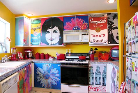 Decoupage Kitchen Cabinets With Andy Warhol Posters...This is pretty cool...I would not have thought of using posters as a decor like this Andy Warhol Inspired, Classe D'art, Deco Studio, Decoupage Furniture, Pop Design, Art Pop, Awesome Art, Art Classroom, Andy Warhol