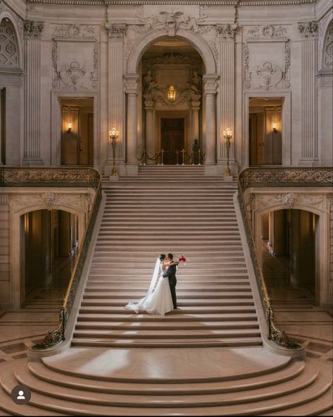 Royal Themed Wedding, Regal Wedding Photos, Royal Wedding Venue Aesthetic, City Wedding Aesthetic, Wedding Venue Styled Shoot, Grand Staircase Wedding Photo, Royal Stairs Aesthetic, Sf City Hall Elopement, City Hall Wedding Photos