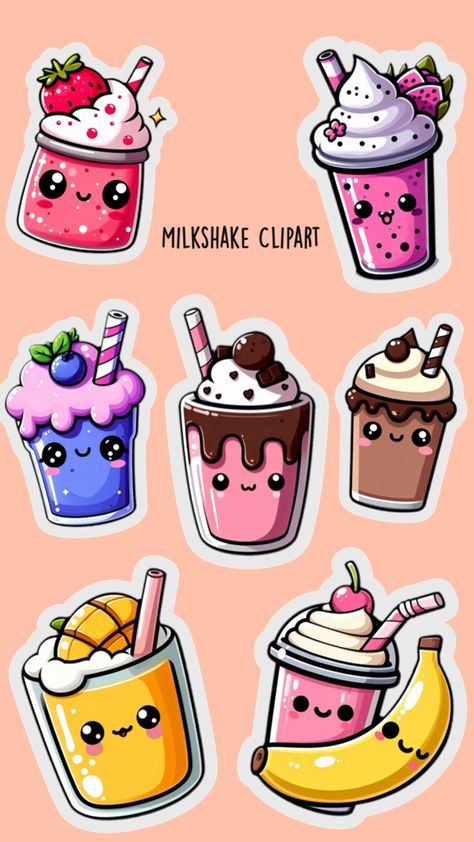 Cute clipart, smoothie and milkshake stickers of many flavors. #procreate Milkshake Clipart, Betty Boop Posters, Birthday Scrapbook Layouts, Paper Toys Template, Pop Stickers, Birthday Scrapbook, Unicorn Stickers, Black Cat Art, Cute Clipart