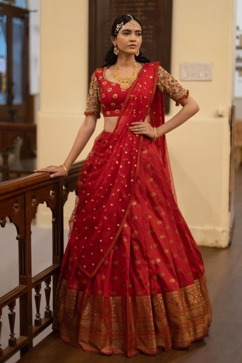 Red Pattu Lehenga Half Saree, Red Langa Voni Half Saree, Red Half Saree South Indian, Pattu Lehenga Half Saree, Half Saree Designs South Indian, Red Half Saree, Lehenga Half Saree, Studio 149, Mehendi Dress