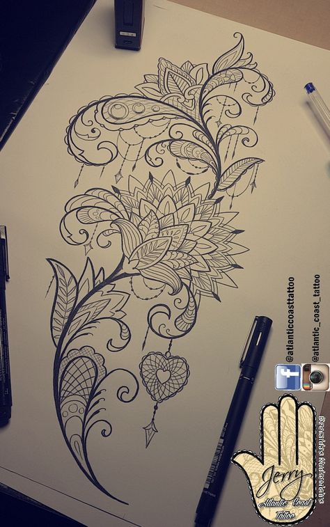 Beautiful tattoo idea design for a thigh mandala lotus flower lace pretty patterns and detail. Heart tattoo ornaments Lace Lotus Flower Tattoo, Side Mandala Tattoo, Mandala Flower Tattoo Design Women, Flower Lace Tattoo, Lotus And Mandala Tattoo Design, Mandala Thigh Tattoos, Beautiful Tattoo Designs, Flower Pattern Tattoo, Mandela Tattoo Thigh