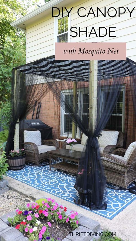 How to Make a DIY Canopy Shade with a Mosquito Net! - Thrift Diving Diy Patio Cover, Pergola Diy, Outdoor Patio Ideas, Diy Canopy, Diy Shades, Outdoor Patio Space, Diy Porch, Patio Canopy, Patio Shade