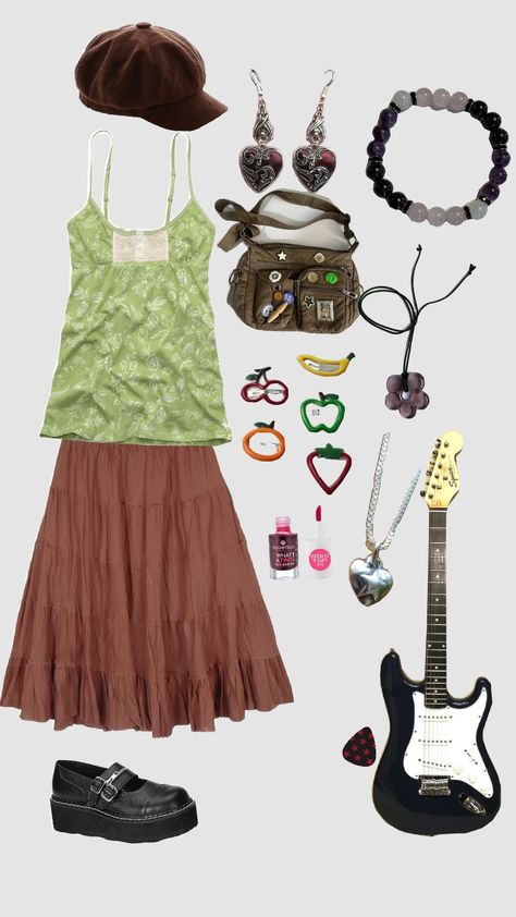 #bandgirl #guitar #outfit #brown&green Dream Wardrobe, Outfits Aesthetic, Dream Clothes, Aesthetic Clothes, Retro Fashion, Boho Fashion, Give It To Me, Cool Outfits, Summer Outfits