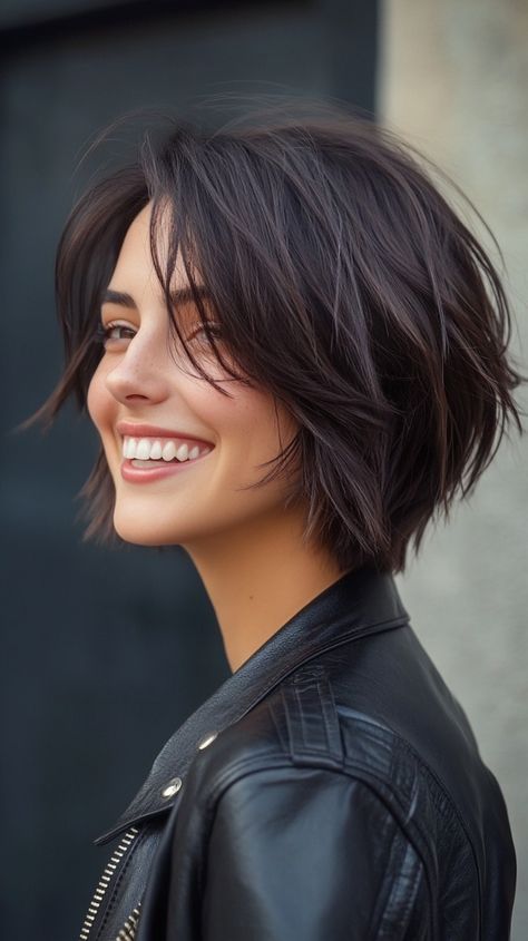 Shaggy Bob With Highlights, Face Framing Layers Short Hair Side Part, Feathery Layers Short Hair, Spunky Short Hair, Medium Choppy Layered Hairstyles, Short Brunette Hairstyle Women, Short Haircut For Thick Hair Women, Short Layered Haircuts With Side Bangs, Shaggy Bobs For Thick Hair