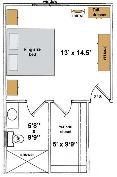 Bedroom design - similar to ours! Bedroom Sizes Layout, Master Suite Layout, Bedroom Layout Design, Master Closet Design, Bedroom Addition, King Sized Bedroom, Bedroom Layout, Bedroom Updates, Bedroom Size