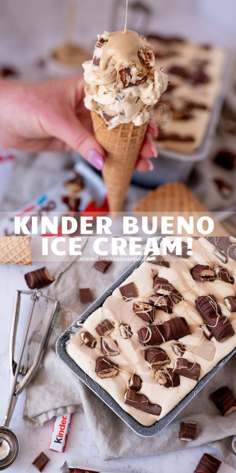 Easy no-churn Kinder Bueno Ice Cream with hazelnut cream spread, kinder bueno, and more! Perfect easy treat! Kinder Ice Cream, Bueno Ice Cream, Ice Cream Recipes Machine, Janes Patisserie, Hazelnut Cream, Gelato Recipe, Jaffa Cake, Ice Cream Maker Recipes, Easy Treat